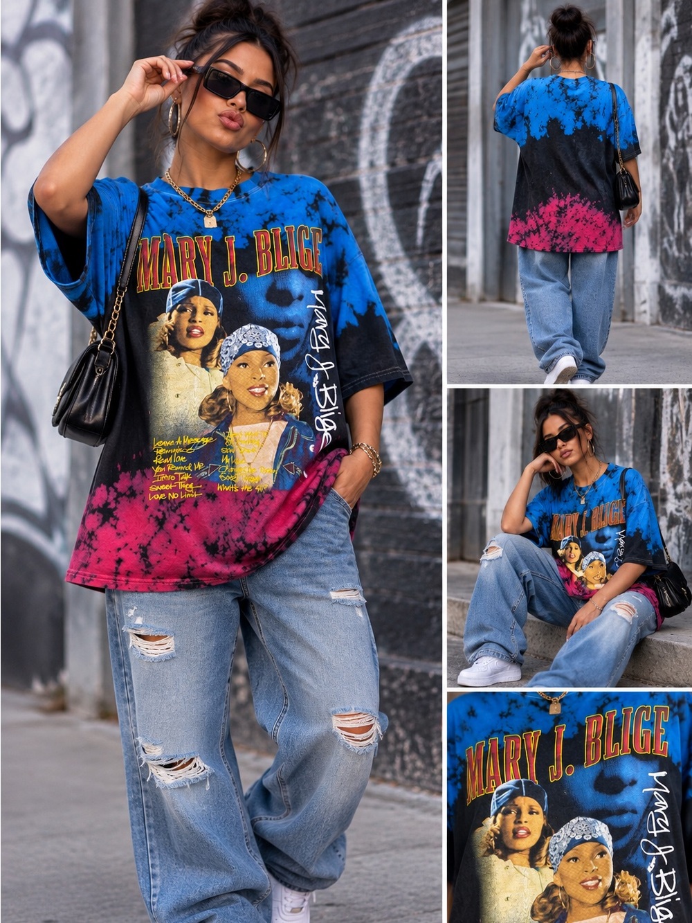 Tie-Dye Mary J. Blige Graphic Short Sleeve Tee - Blue, Black & Pink